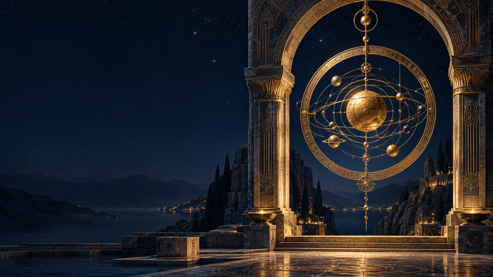 A golden celestial sculpture within a midnight-blue stone sanctuary